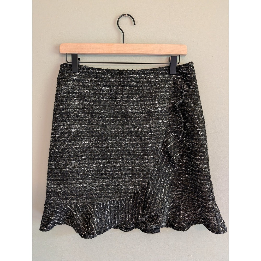 Nanette Lepore Black Gold Metallic Tweed Ruffle Faux Wrap Mini Skirt Size 4